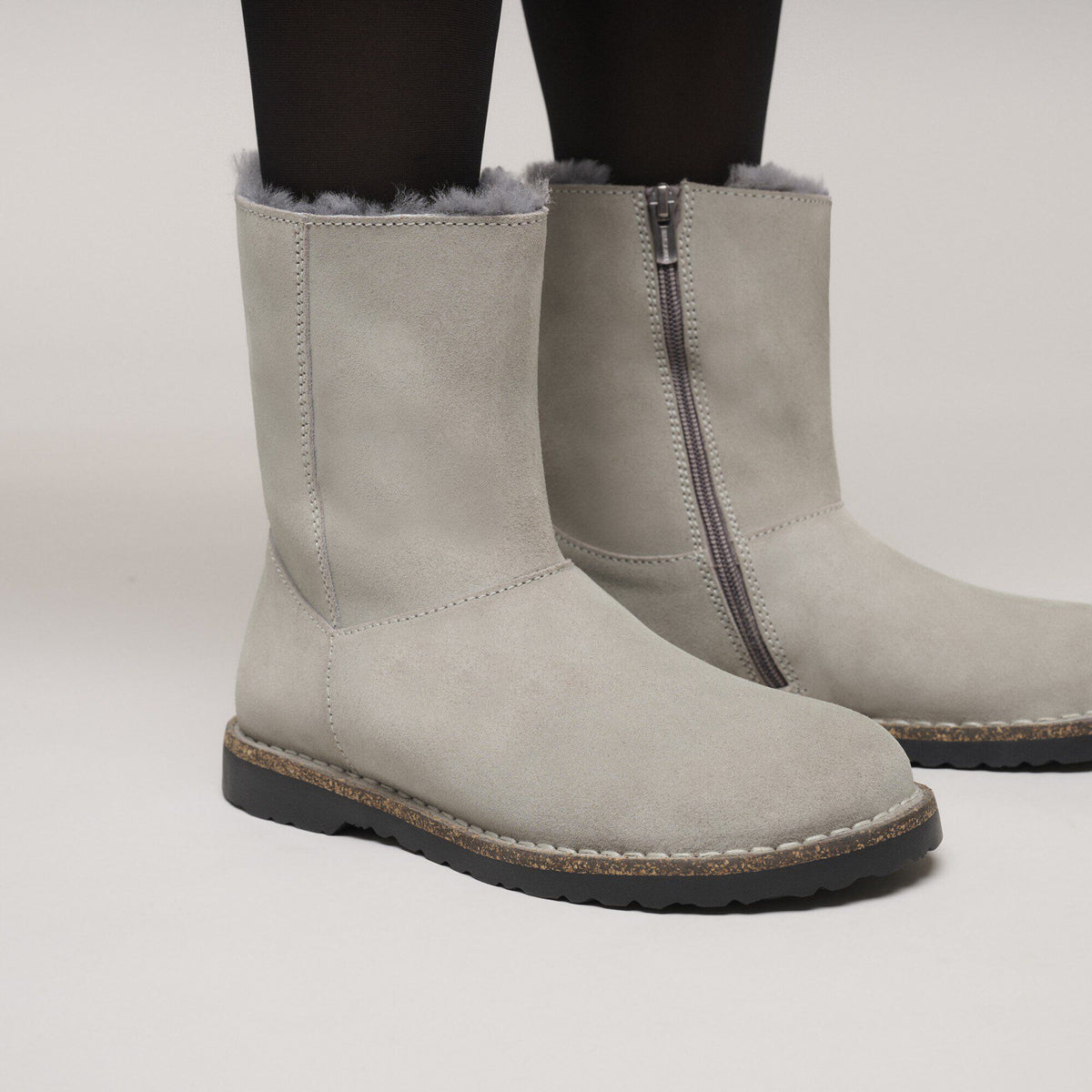 Uppsala Zip Shearling Suede Leather in Color Stone Coin | Birkenstock