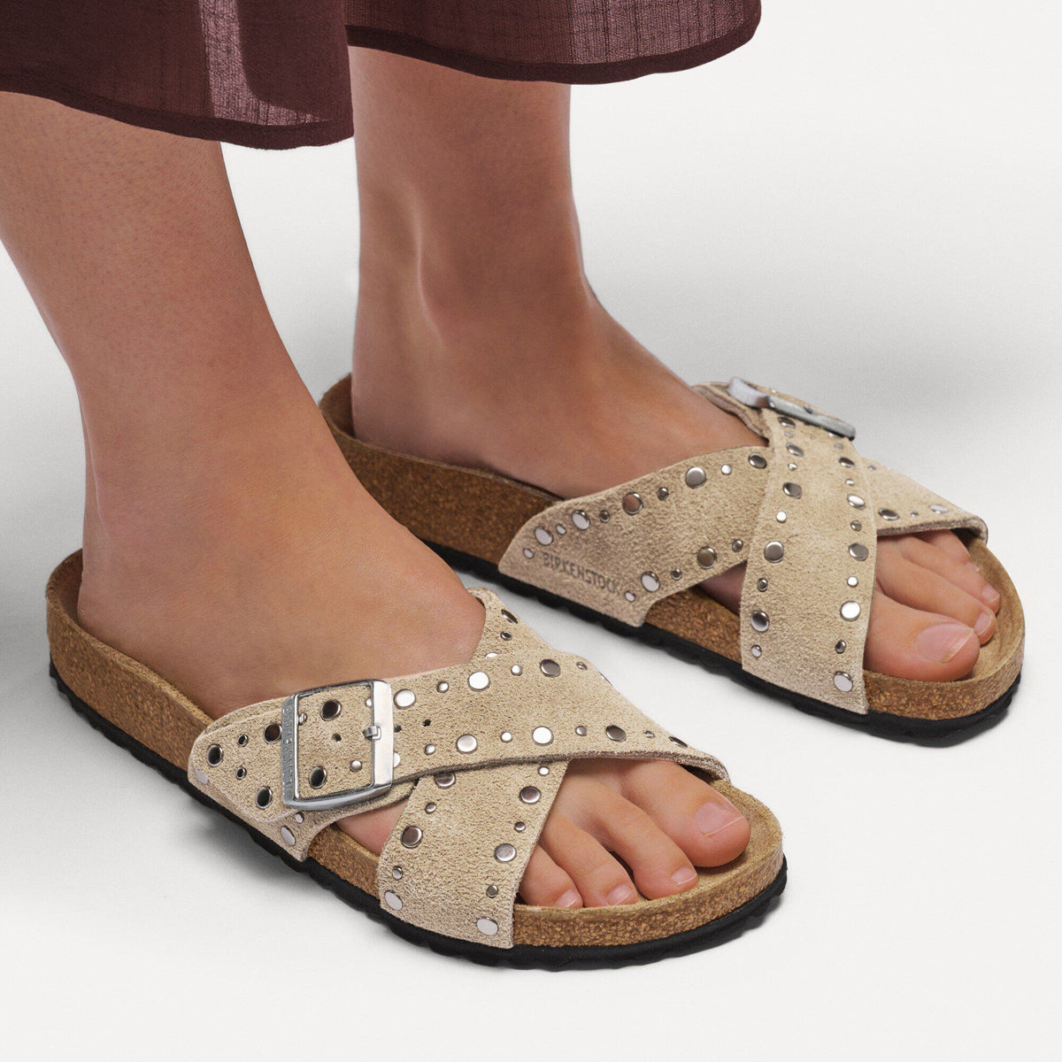 Siena Rivet Suede Leather in Color Taupe | Birkenstock