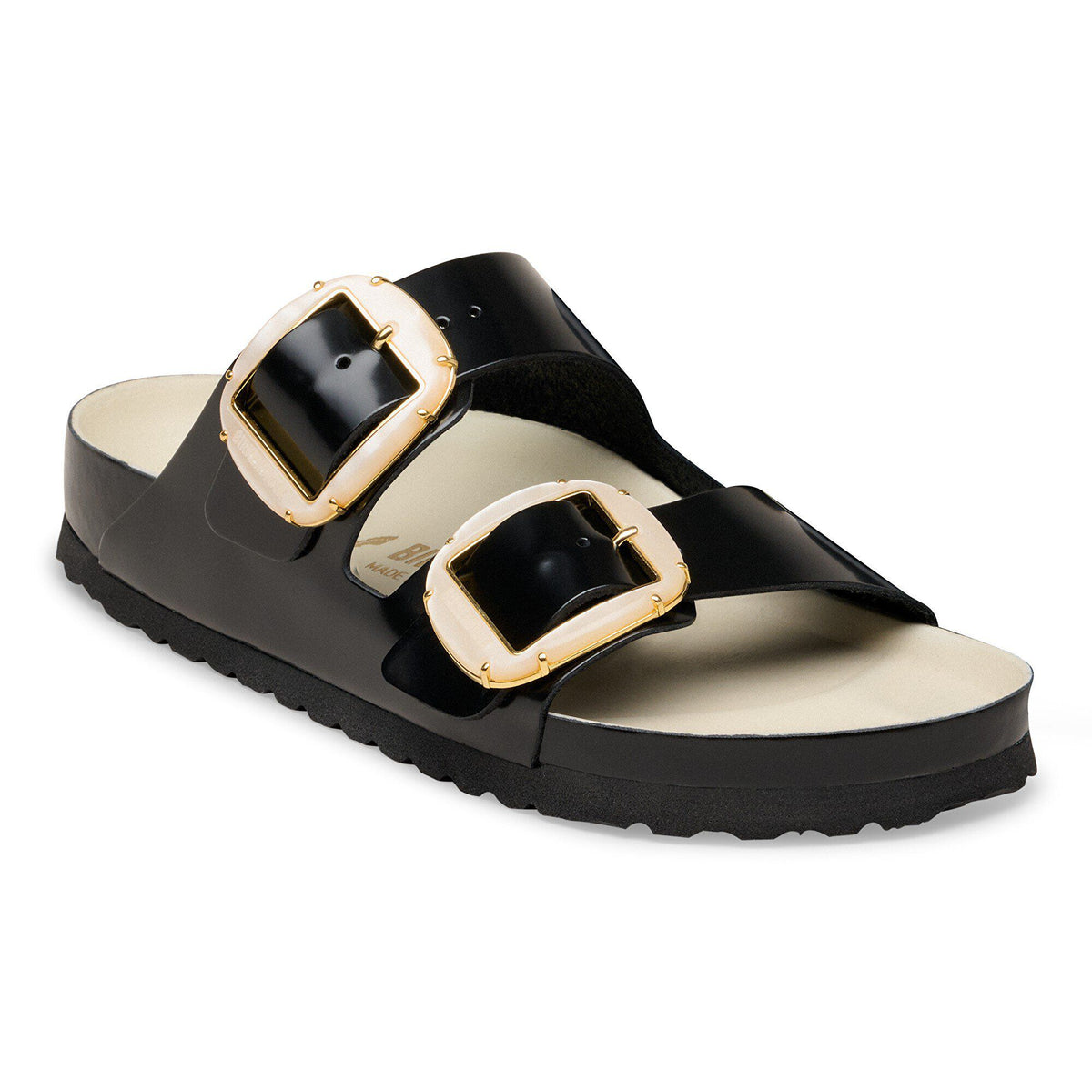 Arizona Big Buckle Pearl Natural Leather Patent in Color High-Shine Black/Ecru | Birkenstock