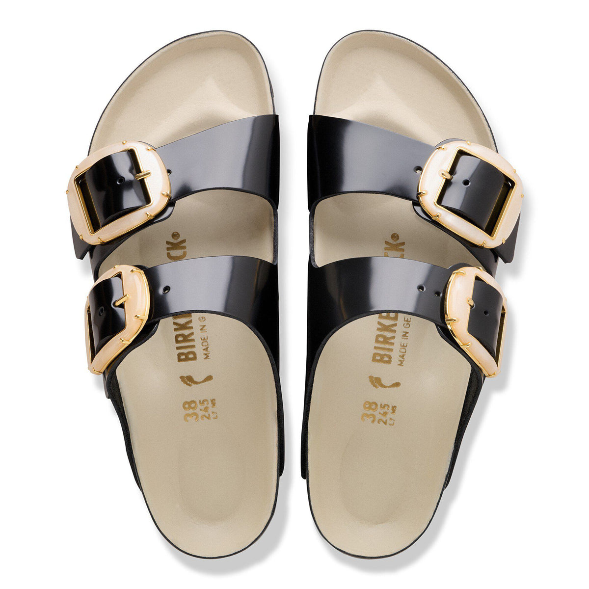 Arizona Big Buckle Pearl Natural Leather Patent in Color High-Shine Black/Ecru | Birkenstock