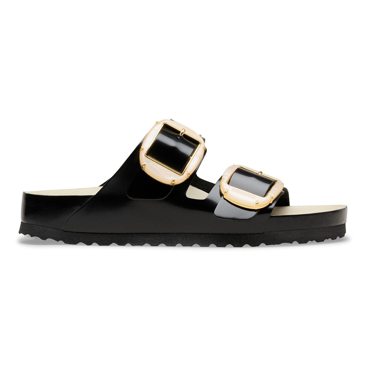 Arizona Big Buckle Pearl Natural Leather Patent in Color High-Shine Black/Ecru | Birkenstock