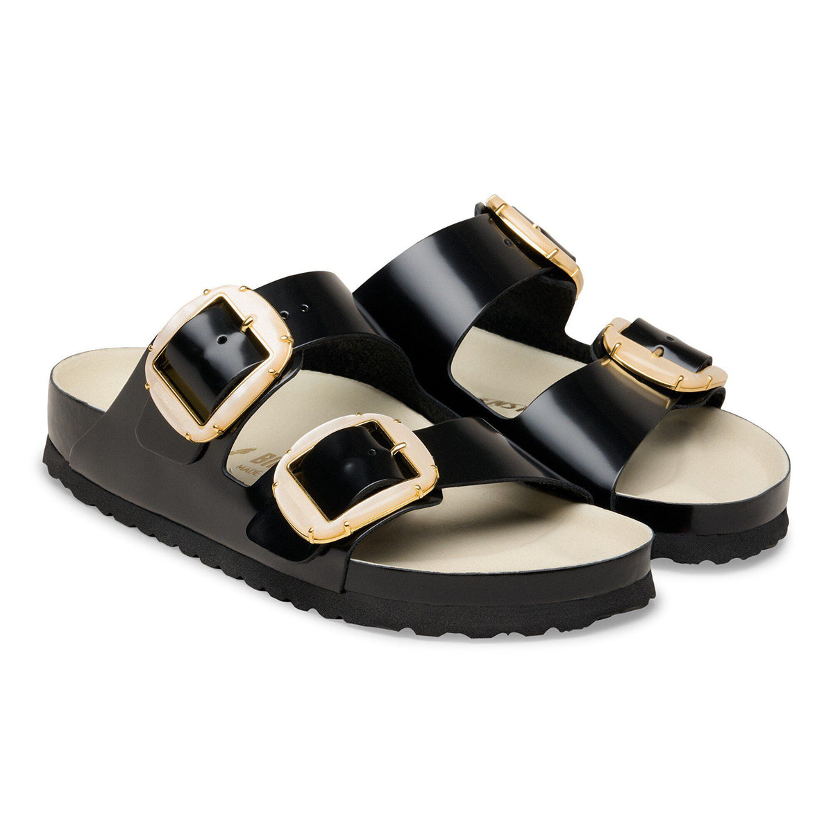 Arizona Big Buckle Pearl Natural Leather Patent in Color High-Shine Black/Ecru | Birkenstock