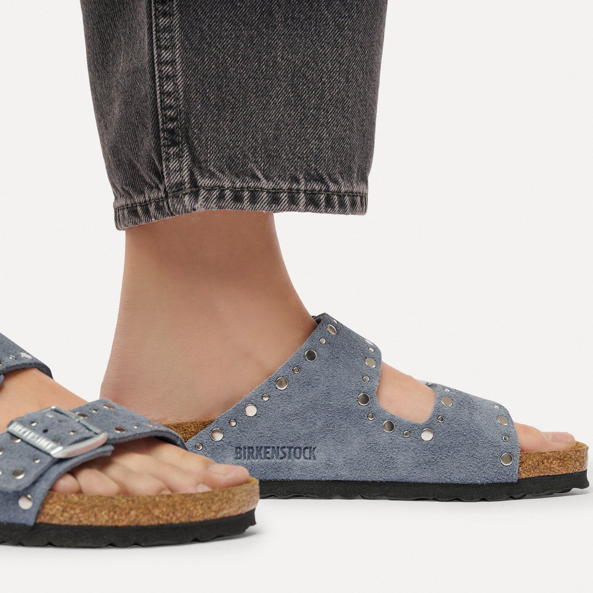 Arizona Rivets Suede Leather in Color Stone Blue | Birkenstock
