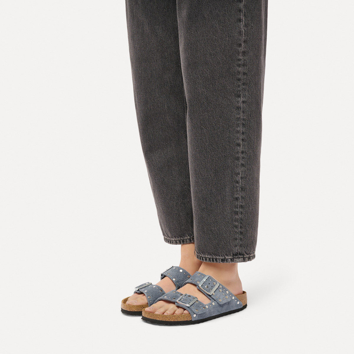 Arizona Rivets Suede Leather in Color Stone Blue | Birkenstock