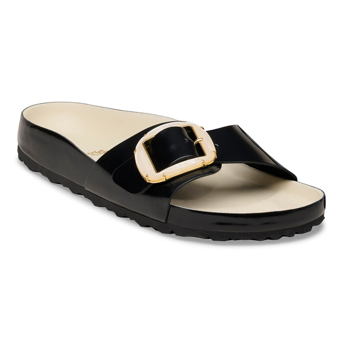 Madrid Big Buckle Pearl Natural Leather Patent in Color High-Shine Black/Ecru | Birkenstock