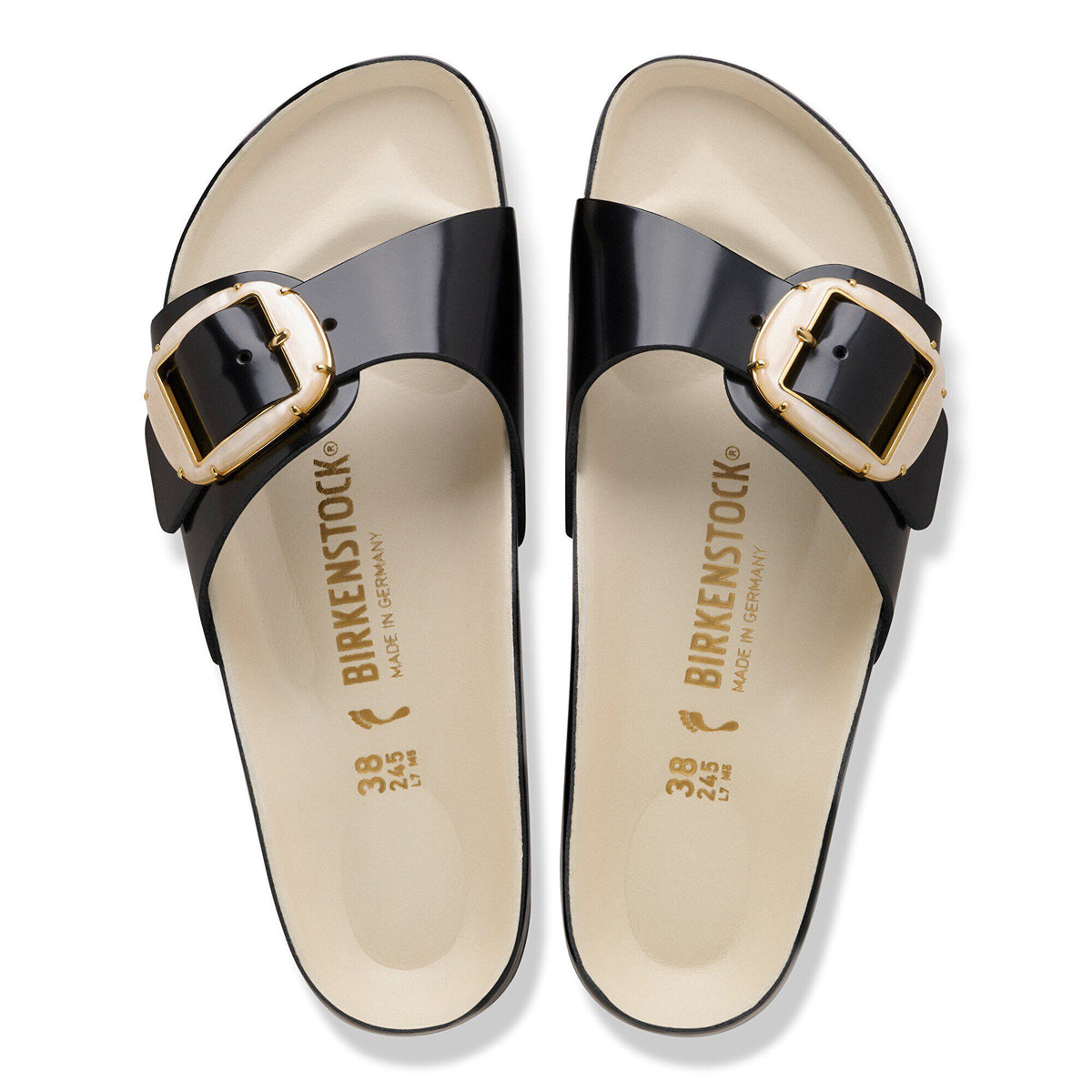 Madrid Big Buckle Pearl Natural Leather Patent in Color High-Shine Black/Ecru | Birkenstock