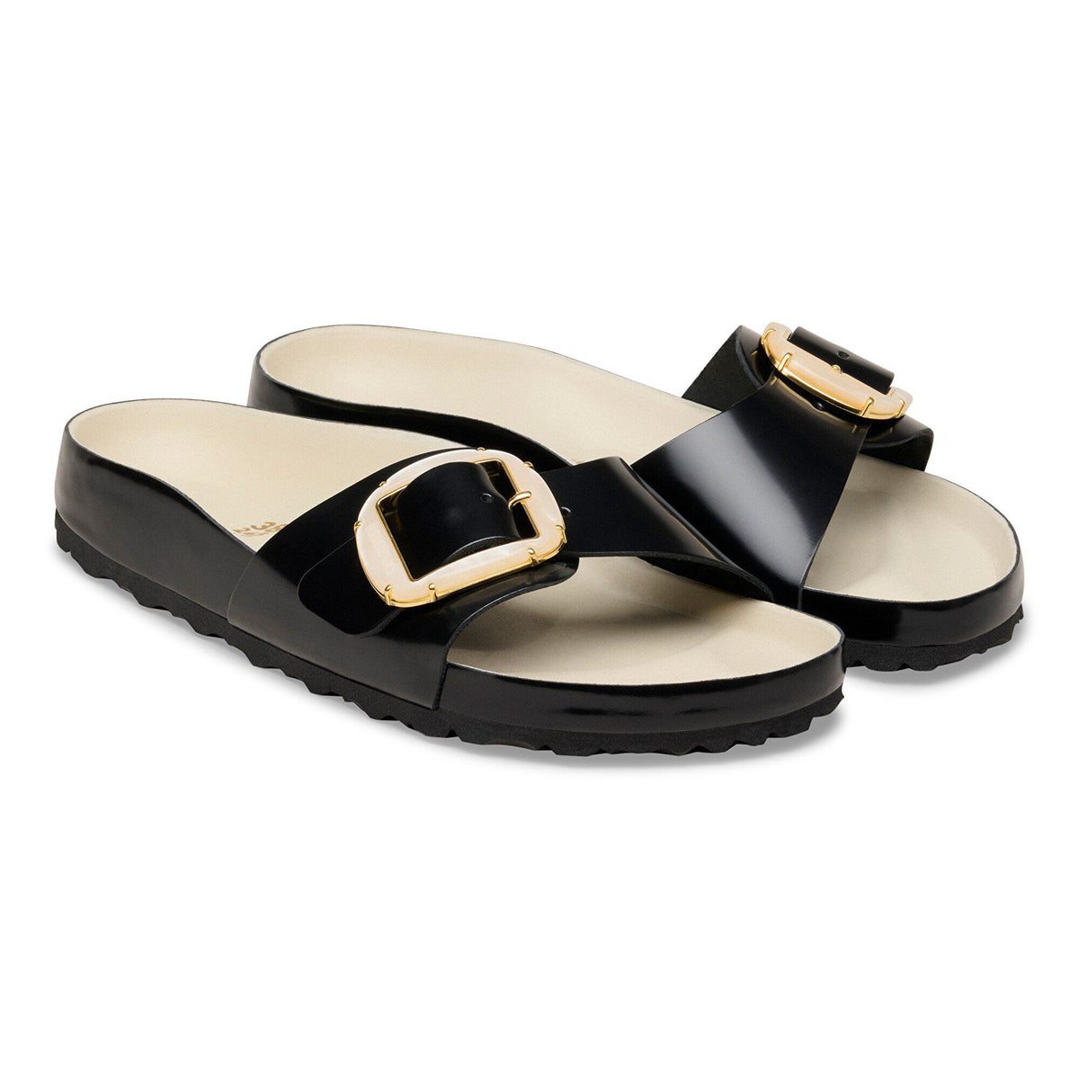 Madrid Big Buckle Pearl Natural Leather Patent in Color High-Shine Black/Ecru | Birkenstock