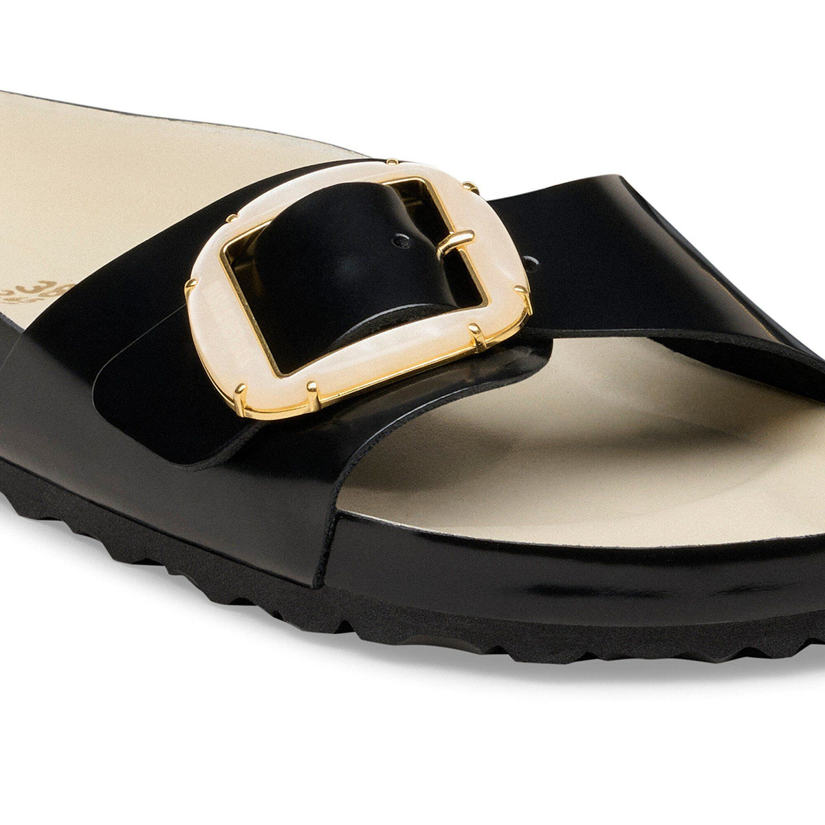 Madrid Big Buckle Pearl Natural Leather Patent in Color High-Shine Black/Ecru | Birkenstock