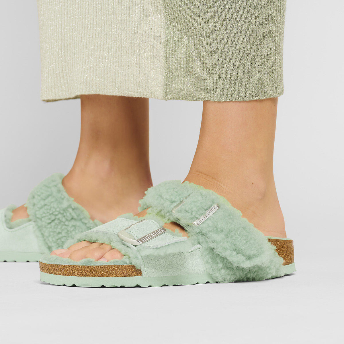 Arizona Teddy Split Suede Leather-Shearling in Color Matcha | Birkenstock
