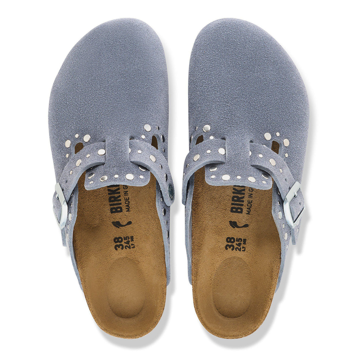 Boston Rivets Suede Leather in Color Stone Blue | Birkenstock