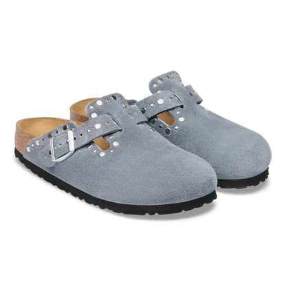 Boston Rivets Suede Leather in Color Stone Blue | Birkenstock