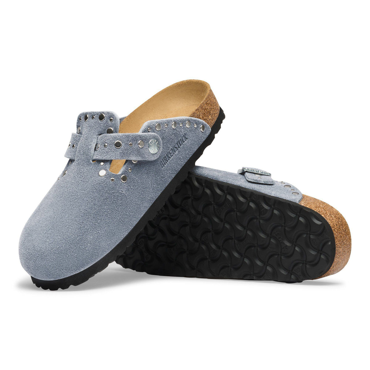 Boston Rivets Suede Leather in Color Stone Blue | Birkenstock