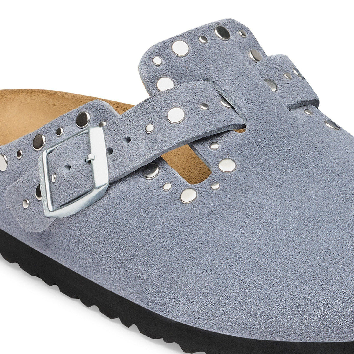 Boston Rivets Suede Leather in Color Stone Blue | Birkenstock