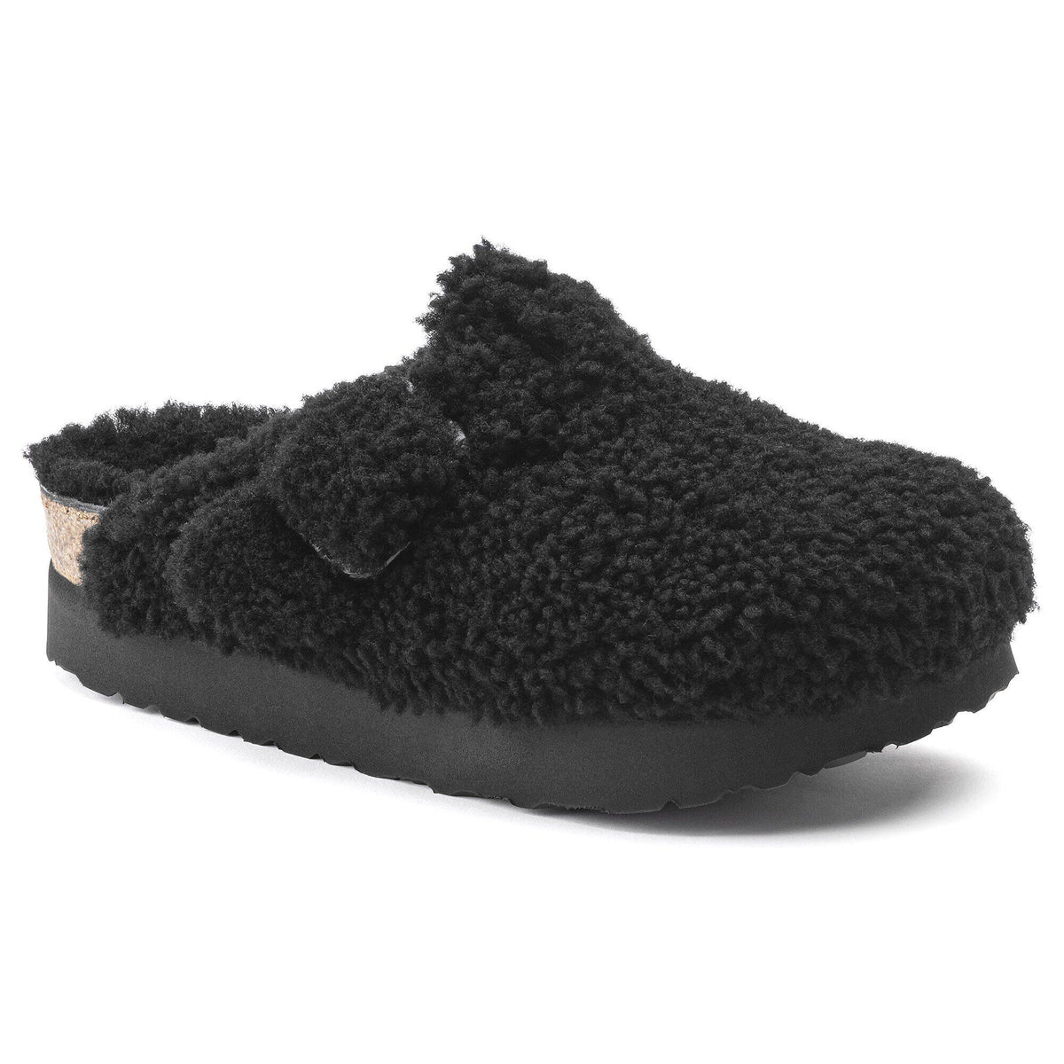 Boston Big Buckle Flex Platform Shearling in Color Teddy Black | Birkenstock