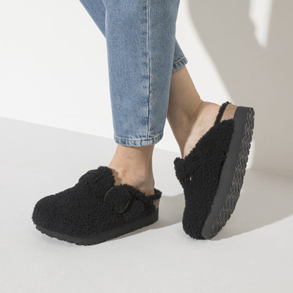 Boston Big Buckle Flex Platform Shearling in Color Teddy Black | Birkenstock