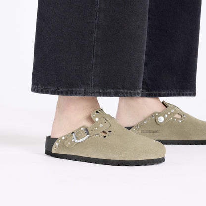 Boston Rivets Suede Leather in Color Taupe | Birkenstock