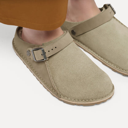 Lutry Premium Shearling Nubuck Leather/Suede in Color Taupe | Birkenstock